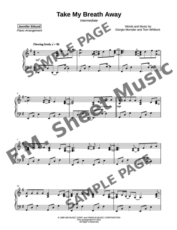 Take My Breath Away (Intermediate Piano) By Berlin - F.M. Sheet Music